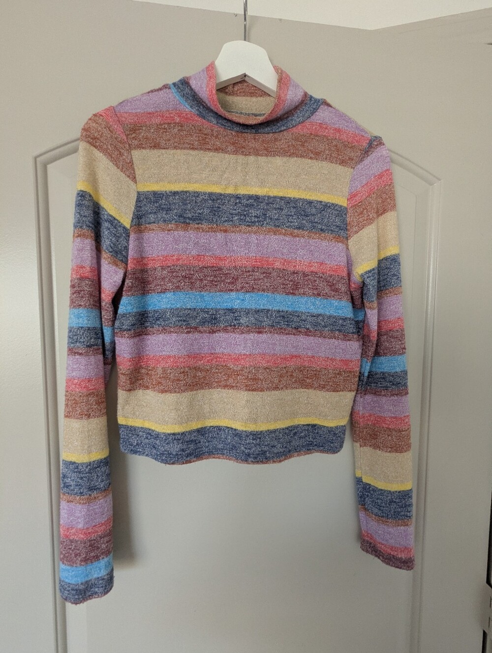 SO Multicolor Striped Cowl Neck SweaterCozy Top Rainbow Stripe Fuzzy Mock Neck C
